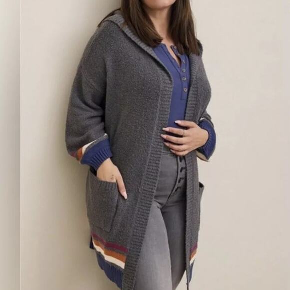Torrid Boho Cardigan Womens Size 1X Gray Striped Chunky Knit Hooded Sweater - Picture 1 of 10